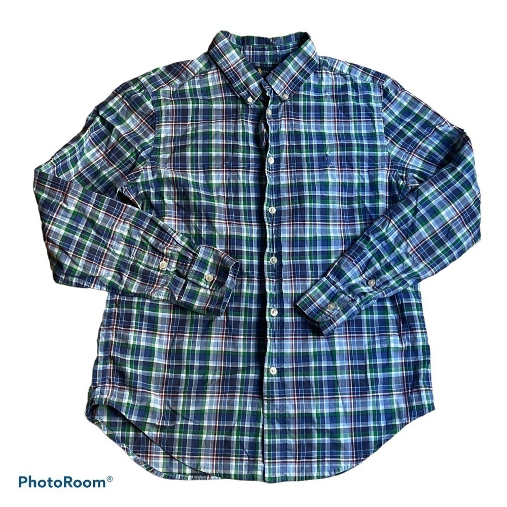Ralph Lauren Boys Blue Green Plaid Button Down Shirt Size L 14–16 Preppy
